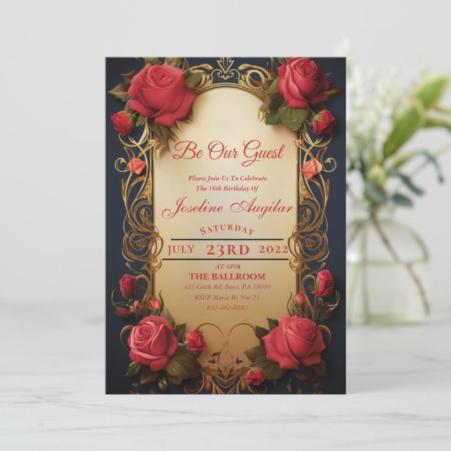 Beauty and the Beast Rose Sweet 16 Invitation (Standing Front)