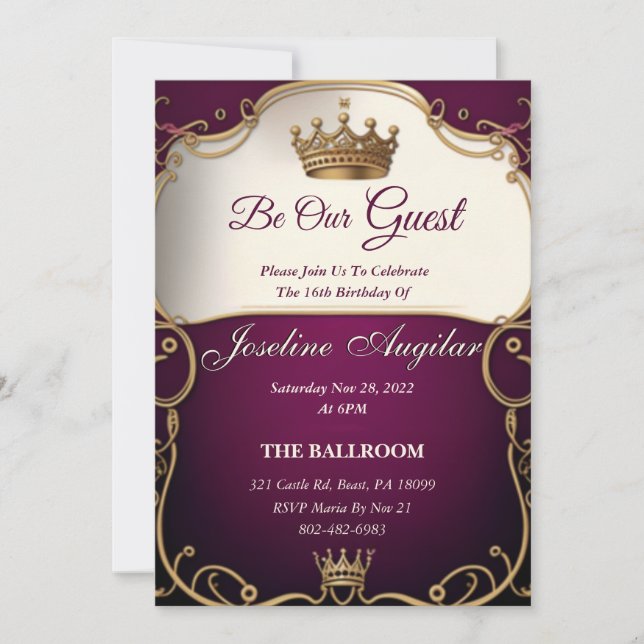 Beauty and the Beast Royalty Sweet 16 Invitation (Front)