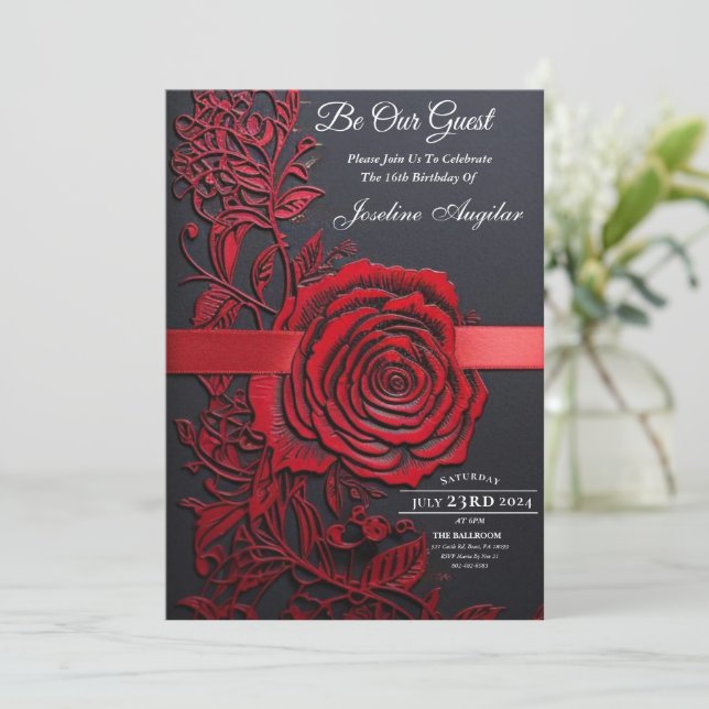 Beauty and the Beast Sweet 16 Red Rose Invitation (Standing Front)