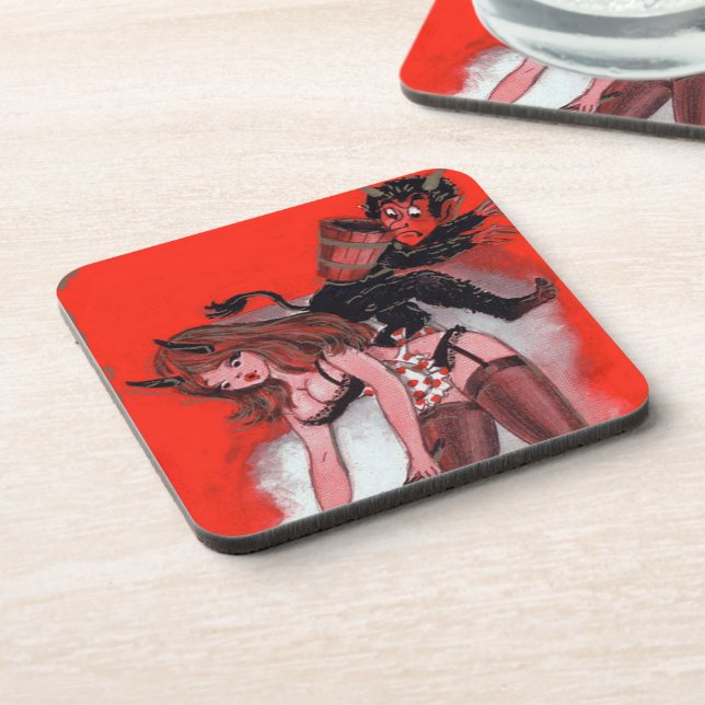 Beauty and the Krampus Vintage Xmas Christmas Coaster (Left Side)