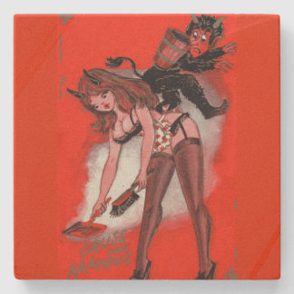 Beauty and the Krampus Vintage Xmas Christmas Stone Coaster