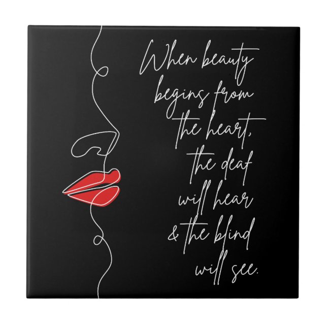 Beauty begins from the heart Red Lip Line Art  Tile (Front)