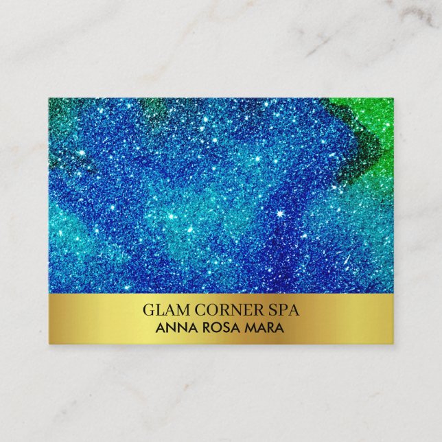 *~* Beauty Blue Green Glitter Luxury Gold Foil QR Business Card (Front)