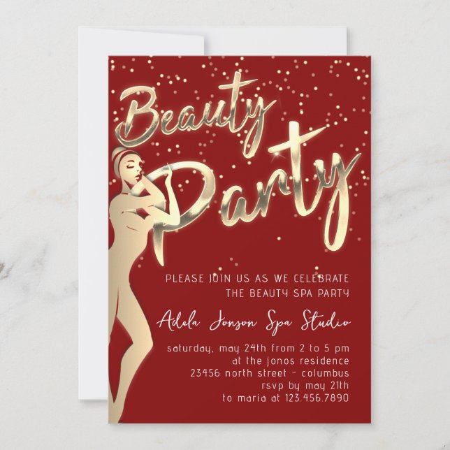 Beauty Body Party Instant Download Gold Burgundy Invitation (Front)
