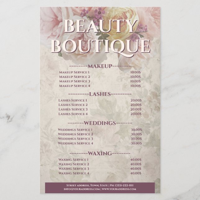 Beauty Boutique Cream Flower Price List Flyer (Front)