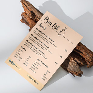 Beauty Cosmetic Skin Care Price List Menu