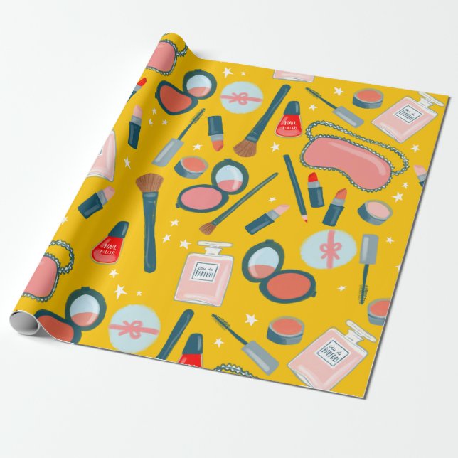 Beauty cosmetics pattern gold gift wrap (Unrolled)