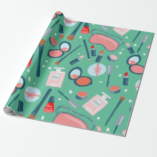 Image of Beauty cosmetics pattern green gift wrap