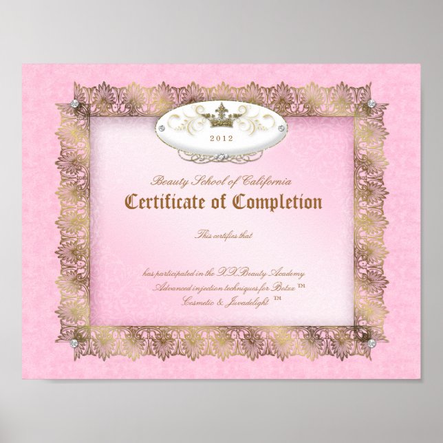 Beauty Diploma Certificate of Completion Pink Gold Poster (Front)