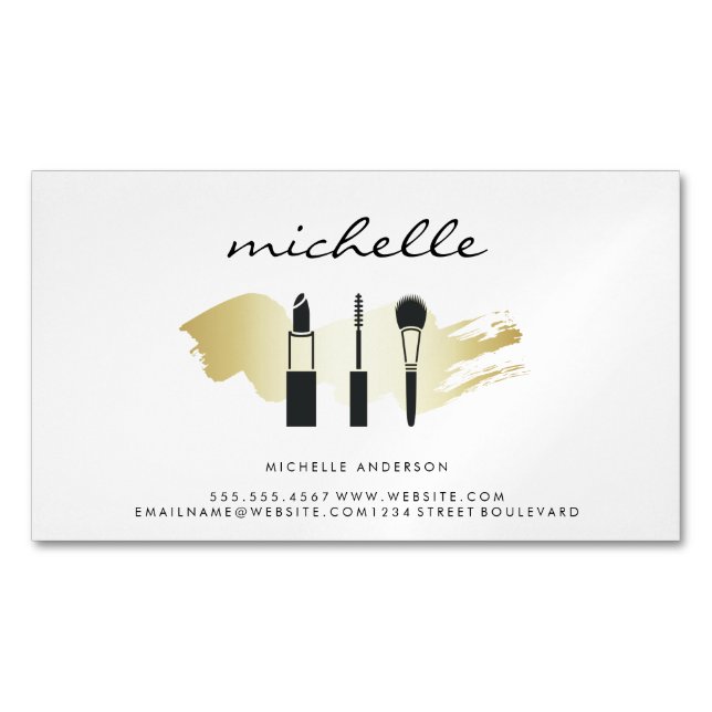 Beauty Fashion Makeup Gold Brushed Magnetic Business Card (Front)