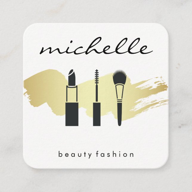 Beauty Fashion Makeup Gold Brushed Square Business Card (Front)
