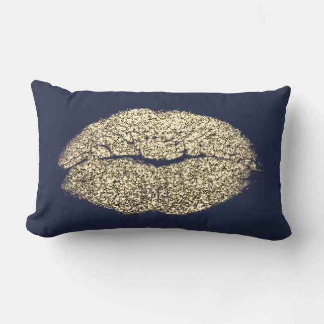Beauty Faux Gold Lip Glitter Blue Navy Makeup Kiss Lumbar Cushion (Front)
