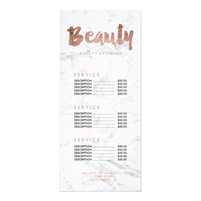 Beauty FAUX rose gold typography marble price list Rack Card (Front)