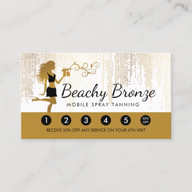 Beauty Girl Gold Bronze Rain Pattern Spray Tanning Business Card (Front)