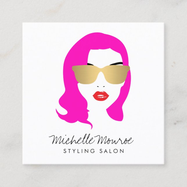 Beauty Girl Hair Stylist Salon Fashion Pink Square Business Card (Front)