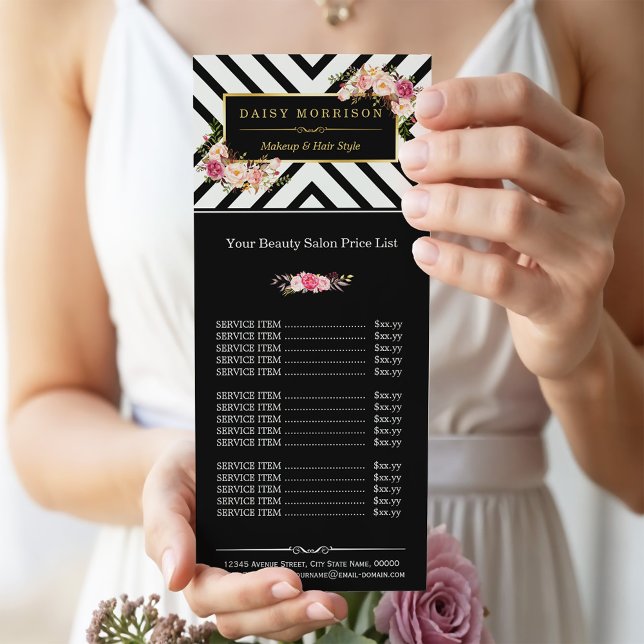 Beauty Hair Salon Gold Floral Stripes Price List Rack Card (Creator Uploaded)