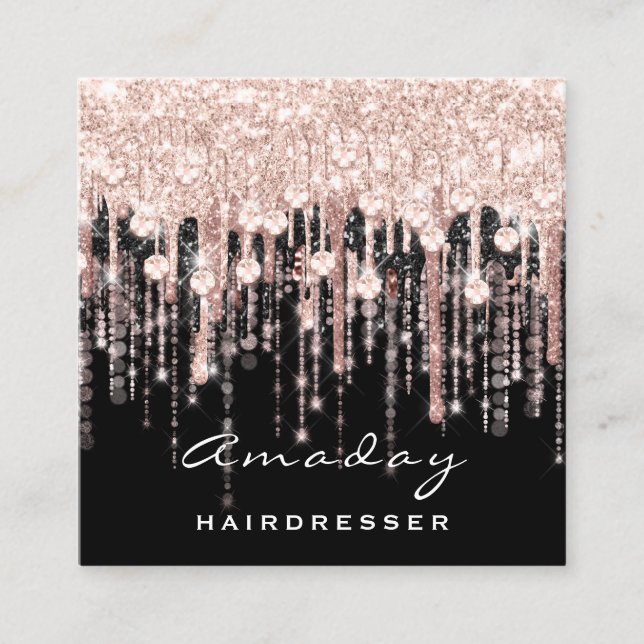 Beauty Hairdresser Makeup Artist Rose Black Drips Square Business Card (Front)