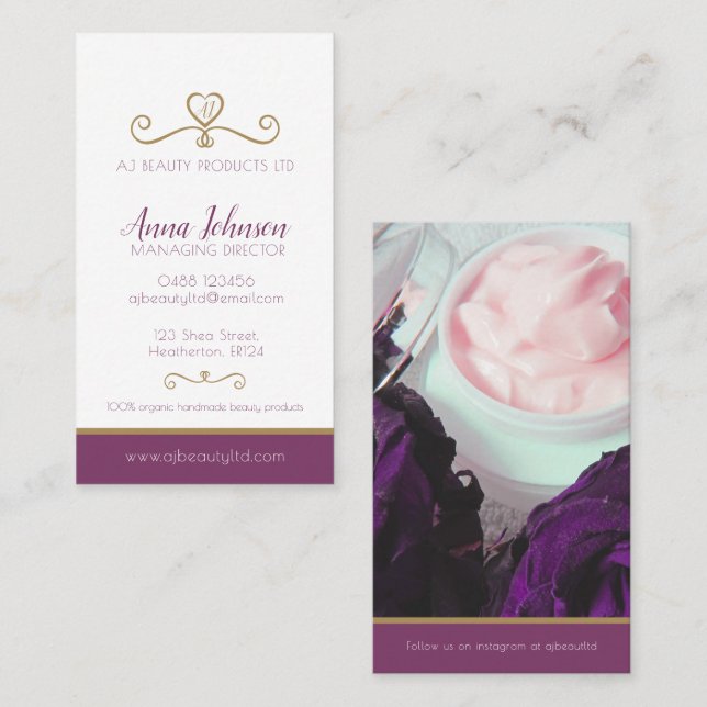 Beauty health company photo custom gold purple business card (Front/Back)