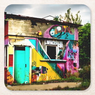Beauty in Destruction  Colourful Graffiti Abandone Square Paper Coaster