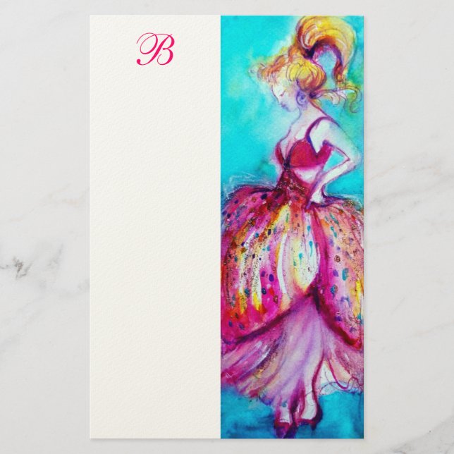 BEAUTY IN PINK DRESS MONOGRAM STATIONERY (Front)