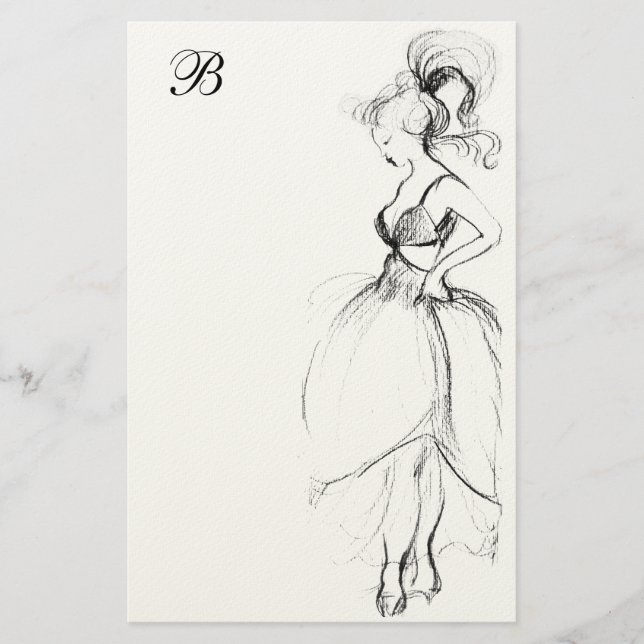BEAUTY IN WHITE DRESS MONOGRAM STATIONERY (Front)