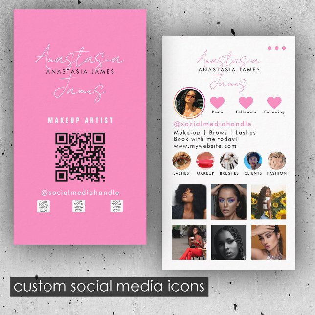 Beauty Influencer Social Media QR Code Pink Business Card (Beauty Influencer Social Media QR Code Pink Business Card)