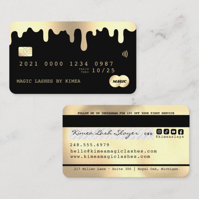 Beauty Lash Nail Tech Gold & Black Credit Style Business Card (Front/Back)