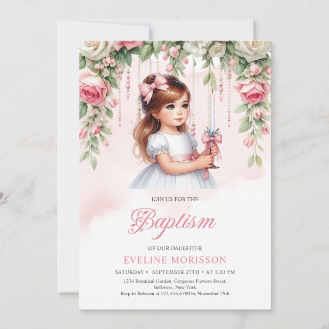 Beauty little girl with candle blush roses wreath invitation (Front)