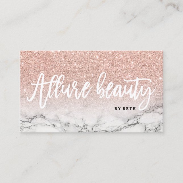 Beauty logo typography rose gold glitter marble business card (Front)