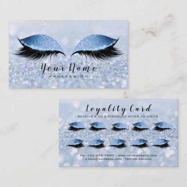 Beauty Loyalty Card 10 Makeup Lashes Blue Glitter (Front/Back)