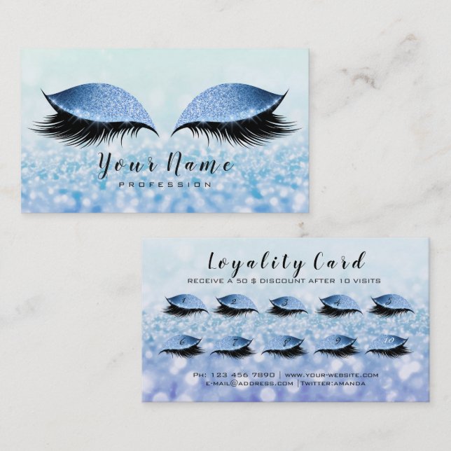 Beauty Loyalty Card 10 Makeup Lashes Blue Glitter1 (Front/Back)