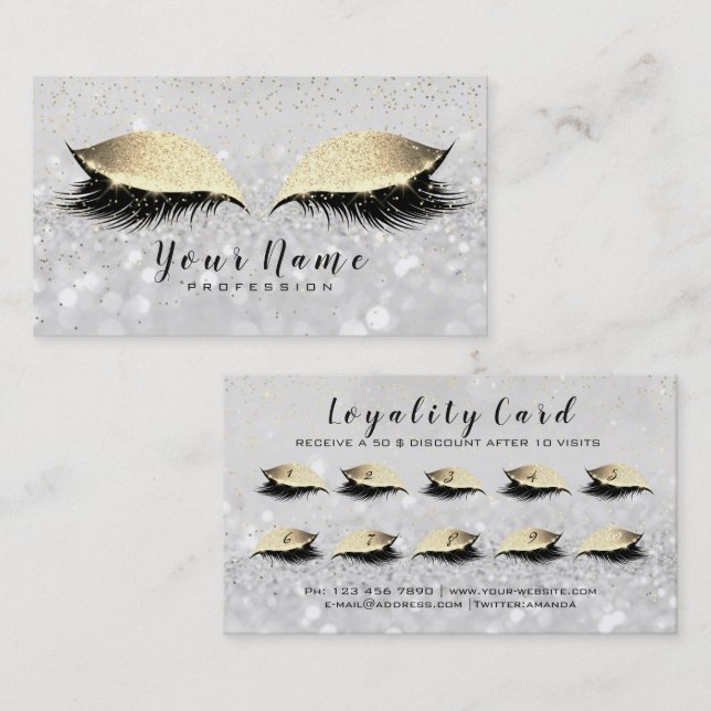 Beauty Loyalty Card 10 Makeup Lashes Gold Gray WOW (Front/Back)
