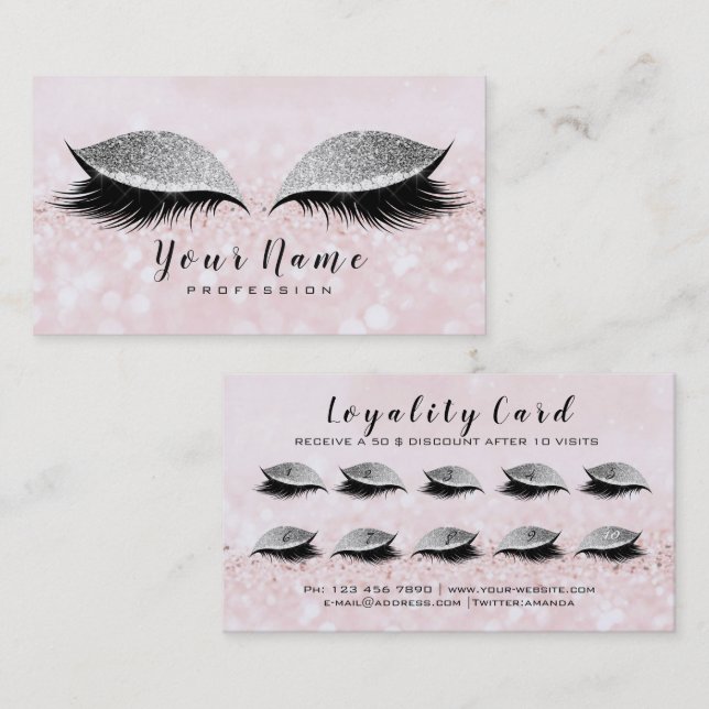 Beauty Loyalty Card 10 Makeup Lashes Gray Glitter (Front/Back)