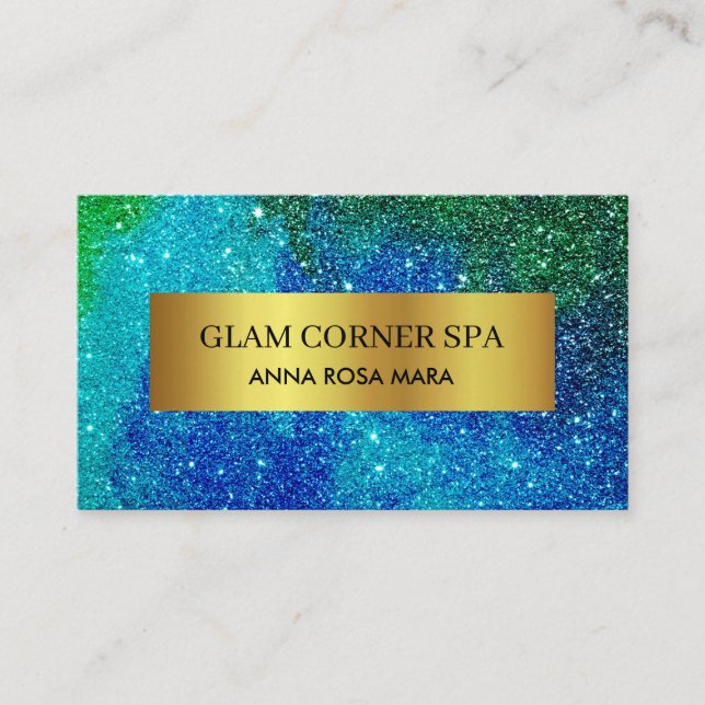 *~* Beauty Luxury Gold Foil QR Glitter Blue Green Business Card (Front)