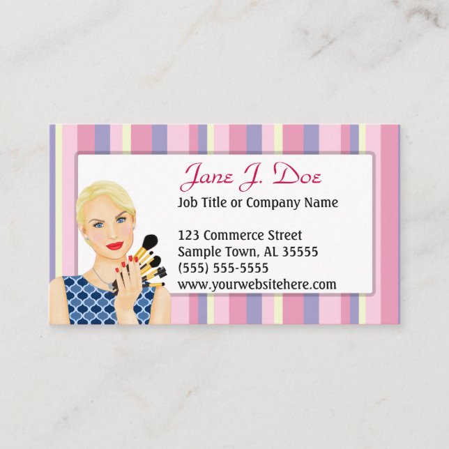Beauty Makeup Artist Pink Stripe, Blonde Business Card (Front)