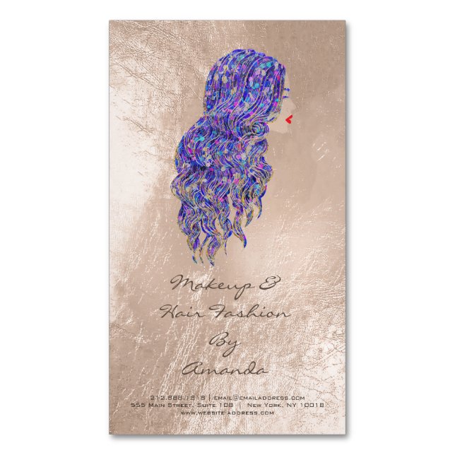 Beauty Mermaid Purple Adress Makeup Hair Stylist Magnetic Business Card (Front Vertical)