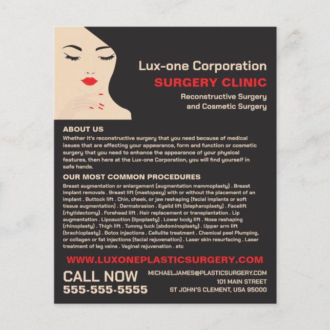 Beauty Model, Plastic Surgeon, Plastic Surgery Flyer (Front)