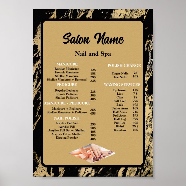 Beauty Nail Salon Price List menu Black Marble Poster (Front)