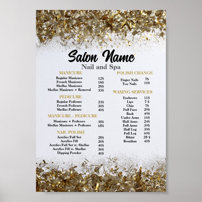 Beauty Nail Salon Price List menu gold confetti Poster (Front)