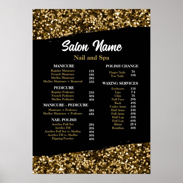 Beauty Nail Salon Price List menu gold confetti Poster (Front)