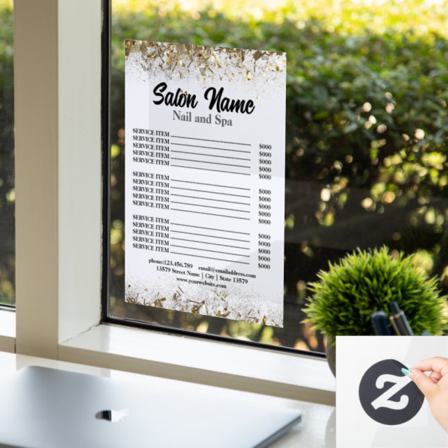 Beauty Nail Salon Price List menu gold confetti Window Cling (Office)
