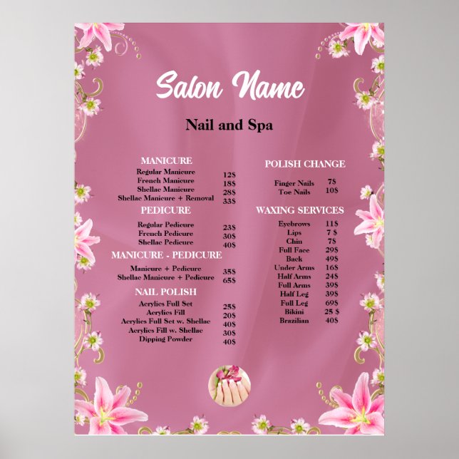 Beauty Nail Salon Price List menu Poster (Front)