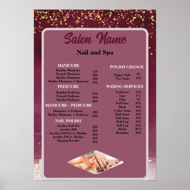 Beauty Nail Salon Price List menu red purple Poster (Front)
