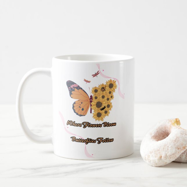 "Beauty of Nature: Where Flowers Bloom and Butterf Coffee Mug (With Donut)
