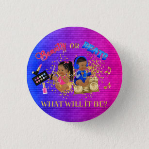 Beauty or Beats Blue Hot Pink Gold Gender Reveal 3 Cm Round Badge