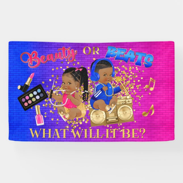 Beauty or Beats Blue Hot Pink Gold Gender Reveal Banner (Horizontal)