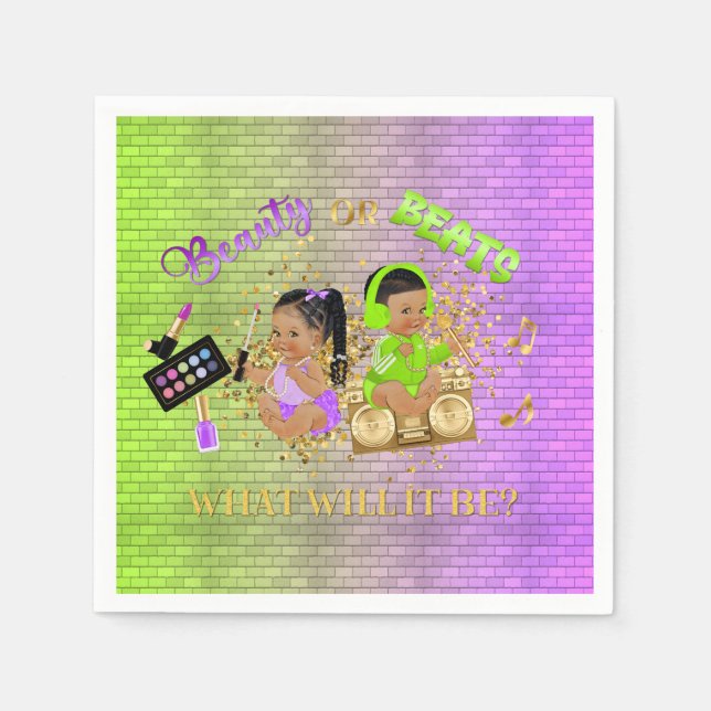Beauty or Beats Green Purple Gold Gender Reveal Napkin (Front)