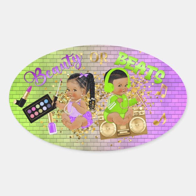 Beauty or Beats Green Purple Gold Gender Reveal Oval Sticker (Front)