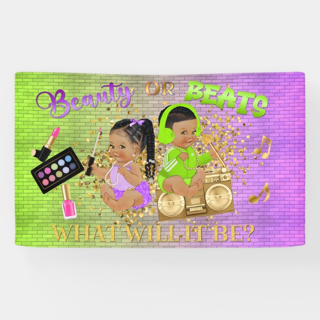 Beauty or Beats Purple Green Gold Gender Reveal Banner (Horizontal)