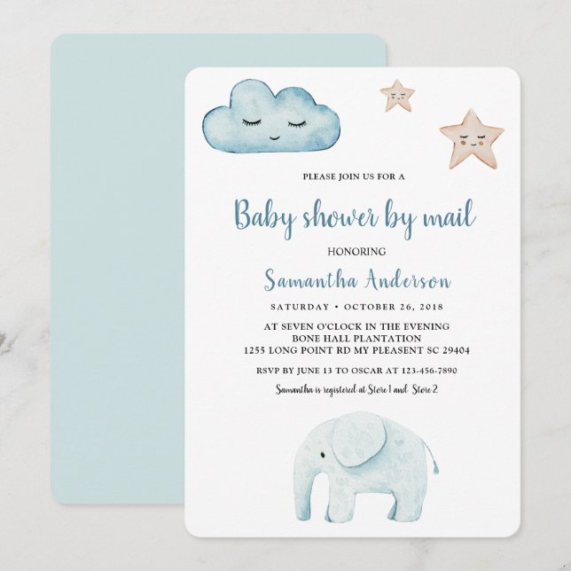 Beauty Pastel Blue Elephant  Baby Shower By Mail Invitation (Front/Back)